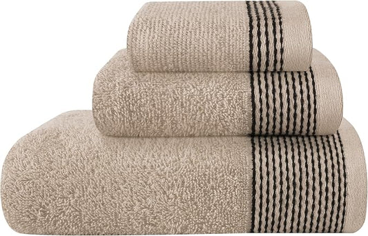 Belizzi Home Ultra Soft 3 Pack Cotton Towel Set, Contains a Bath Towel 28x55 inch, a Hand Towel 16x24 inch & a Wash Coth 12x12 inch, Ideal Everyday use, Compact & Lightweight -Tan