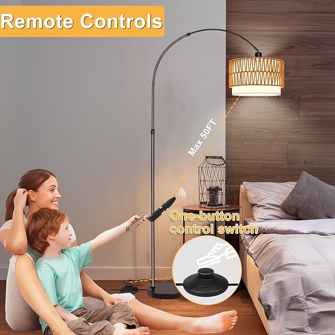 Rattan Floor Lamp for Living Room Arc Boho Floor Lamp with Rattan & Linen Double Shades Adjustable Tall Wicker Lamps with 3 Color Temperatures for Bedroom Office Reading,Black