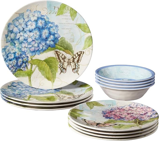 Hydrangea Garden 12 pc Melamine Dinnerware Set, Service for 4