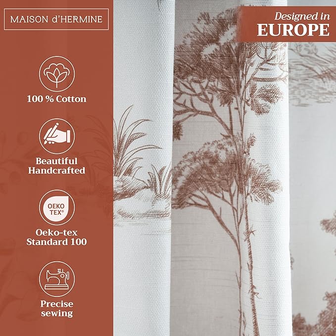 Maison d' Hermine Curtains for Living Room 100% Cotton 84 inch Length One Panel Light Filtering Toile Curtains for Bedroom Windows with Rod and Loop Pockets Drapes (Trianon Brown, 50" W x 84" L)