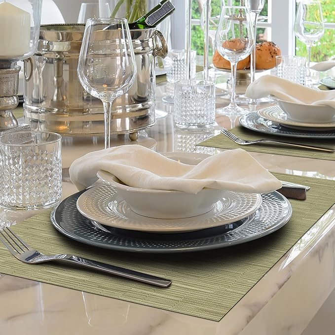 Winknowl Placemats Set of 4, Heat Resistant Stain Resistant Woven Vinyl Insulation Place mats, Durable Washable Elegant Table Mats for Kitchen Dining Table Decor (Bamboo Green)