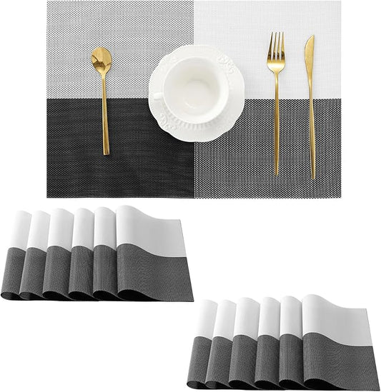 Leetaltree Gray with White Grid Pattern Placemats Set of 12 - Heat Resistant Non-Slip Place mats for Dining Table, Washable Durable PVC Vinyl Woven Table Mats（Grey Grid, 12）