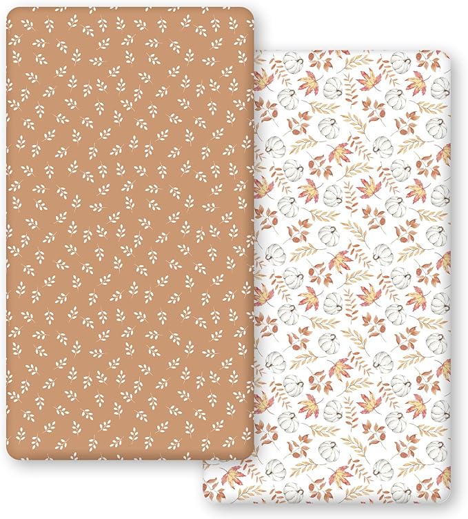 Horaldaily 2 Pack Fitted Crib Sheet for Boys Girls,Soft Breathable Washable Jersey Microfiber Baby Crib Sheet, Fits Standard Size Crib Mattress 28in x 52in, Floral Pumpkin Nursery Sheet White/Orange