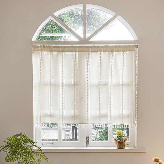 Sutuo Home Ivory Boho Curtain 52W x 36L inch White Striped Light Filtering Short Valance Tier, 1 Panel Embroidery Bohemian Farmhouse Country Kitchen Window Treatment Decor for Small Closet