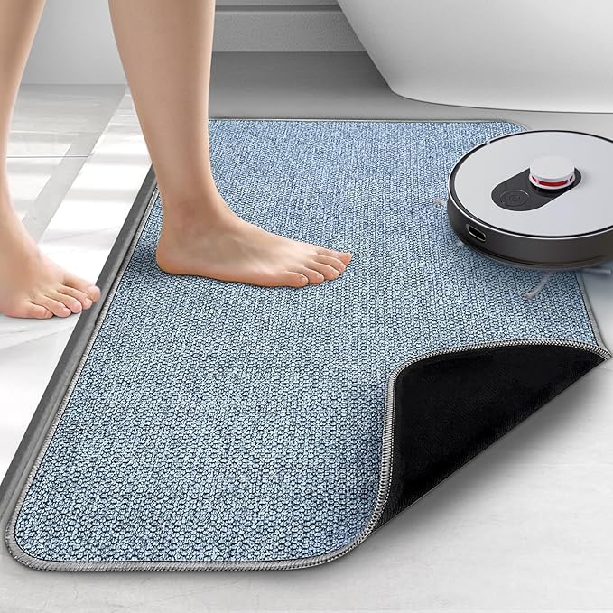 Upgraded Thin Bathroom Rugs, Bath Mat Super Absorbent, Bath Rugs Rubber Backing Non-Slip, Quick Dry Machine Washable, Cozy Cloth Bathroom Mat fit Under Door/Sink/ Bathtub/Shower/Kids 20''x24''-Blue