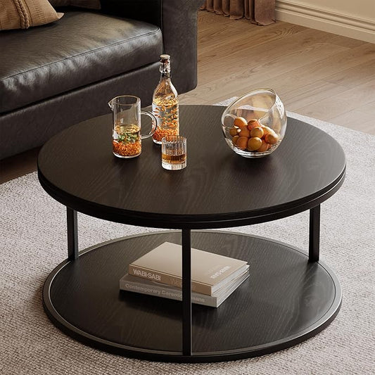 JUMMICO 36" Coffee Tables with Storage, 2-Tier Round Coffee Table, Center Table for Living Room, Furniture for Small Spaces, Black