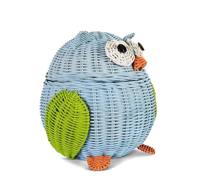 Owl Rattan Storage Basket With Lid Decorative Home Decor Hand Woven Shelf Organizer Cute Handmade Handcrafted Gift Art Decoration Artwork Wicker Hoot Owl (Small, Blue)
