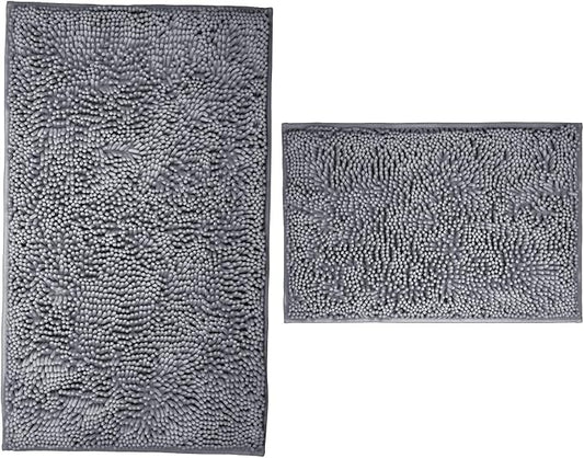 Bathroom Rugs 2 Pieces Chenille Bath Rug Mat, Extra Thick and Soft Absorbent Bath Rugs, Machine Washable, Non-Slip Plush Bath Mats for Tub, Shower, and Bath Room, (dark gray, 32"x20"+24"x16")