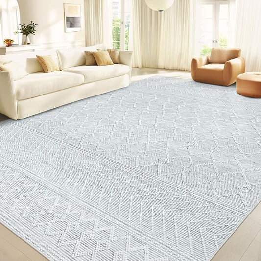8x10 Area Rug Living Room: Washable Boho Geometric Moroccan Rug Neutral Modern Farmhouse Indoor Soft Non Slip Ultra Thin Large Printed Pattern Carpet for Bedroom Home Office (Grey, 8'x10')
