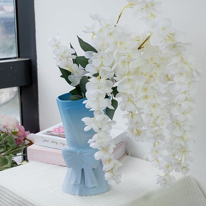 Gradient Blue White Ceramic Bow Vase 9.64 in Unique Cute Modern Decorative Bouquet Flower Vases for Home Living Room Table Decor Women Girl Gifts