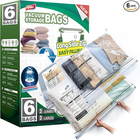 TAILI LONG SIDE ZIP 6 Pack Vacuum Storage Bags, Multi-Size Vacuum Seal Bags for Clothing (3 Large+3 Jumbo), Storage Bulky Beddings, Comforters and Clothes, Space Saver for Closet Organization