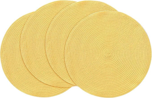 Floroom 15 Inch Round Braided Placemats Set of 4, Washable Heat Resistant Cotton Polyester Circle Place Mats for Kitchen Dining Table - Yellow