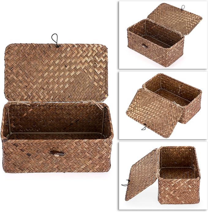Hipiwe Wicker Shelf Baskets Bin with Lid, Handwoven Seagrass Basket Storage Bins Rectangular Household Basket Boxes for Shelf Wardrobe Home Organizer, Coffee X-Small