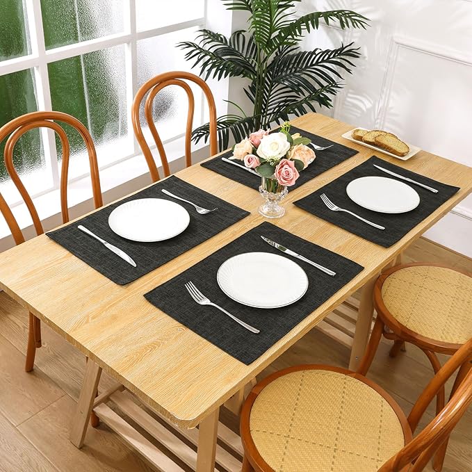 SHACOS Washable Woven Fabric Placemats Set of 6 Heat Resistant Place Mats Non Slip Thick Cloth Placemats Reversible Table Mats Indoor Outdoor Home Wedding Table Decor, Black