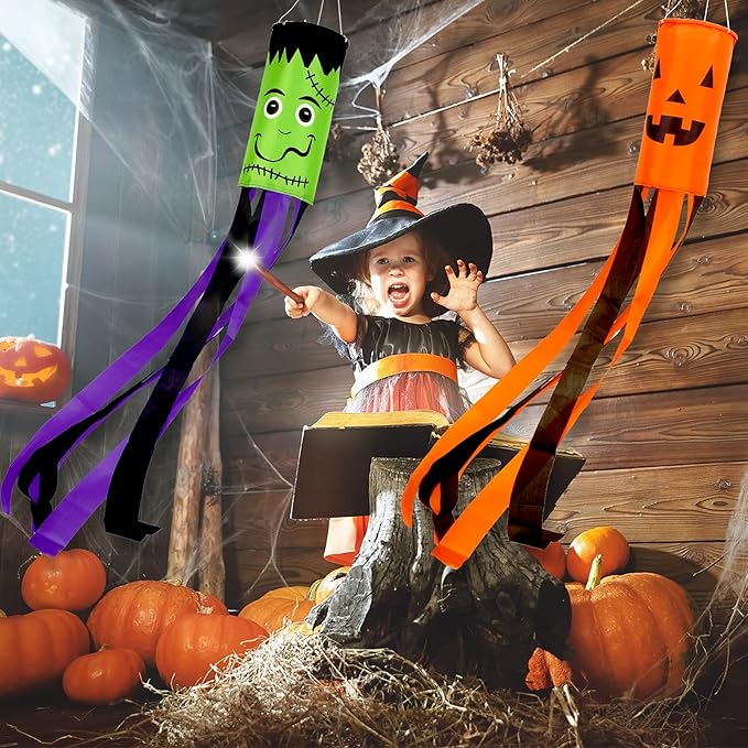Whaline 4 Pieces Halloween Windsock Flag 39 Inch Spooky Cartoon Flag Wind Socks Pumpkin Bat Ghost Monster Outdoor Hanging Decoration for Home Yard Patio Lawn Garden Tree Party Decoration