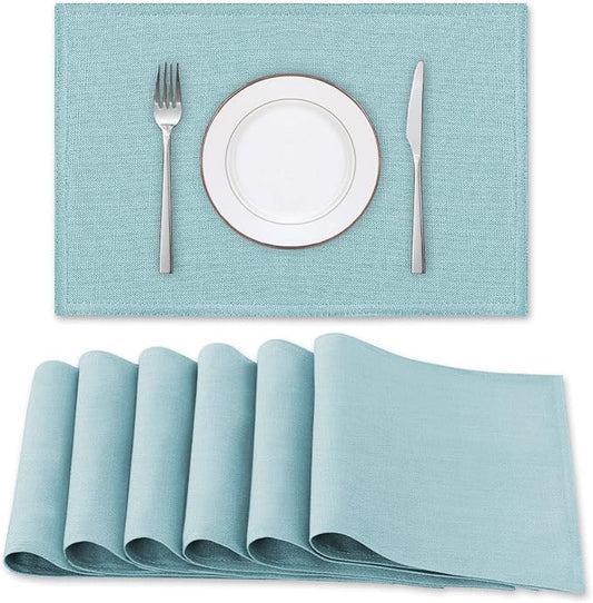 H.VERSAILTEX Linen Placemats Set of 6 Premium Solid Table Placemats for Dining Table Spill-Proof Waterproof Table Mats Heat-Resistant Kitchen Table Mats Washable, 12x18 inches, Aqua