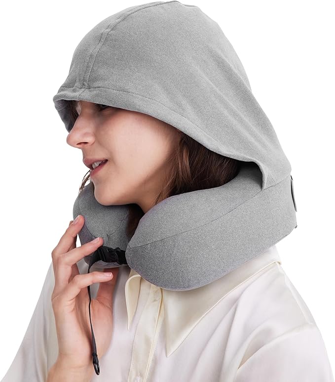 Travel Pillow with Hood for Airplane, 100% Pure Memory Foam Hooded Neck Pillow for Traveling, Car, Office, Soft, Machine Washable, Easy Storage, Gray