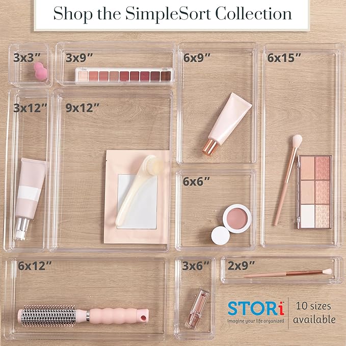 STORi SimpleSort 6-Piece Stackable Clear Drawer Organizer Set | 3" x 3" x 2" Square Trays | Small Makeup Vanity Storage Bins and Office Desk Drawer Dividers | Made in USA