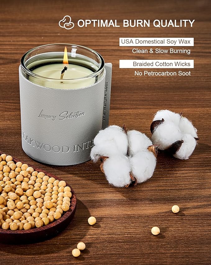 M&SENSE Soy Teakwood Scented Candle 7.4oz 40 Hours Long Lasting, Leather Wrapped Luxury Aromatherapy Gift for Men & Women, Relaxing Stress Relief