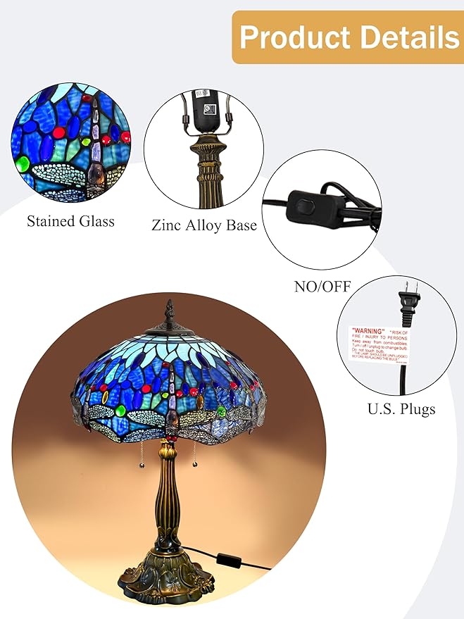 KY&BOSAM Tiffany Dragonfly Table Lamp Tiffany Style Table lamp Stained Glass Style Desk Lamps 24 Inch Tall Glass 16 Inch Wide Lamp Shade Beside Lamp 2 Bulb Antique Zinc Base for Home Bedroom Decor