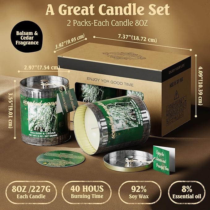 Vintage Scented Candles Gift Set (2 x 8 oz) - Balsam Cedar Aromatherapy Candle, Natural Soy Wax Candle, (2 x40) Hours Burn, 8% Fragrance Oil, Holiday Gifts for Home Decor, Relaxation & Christmas