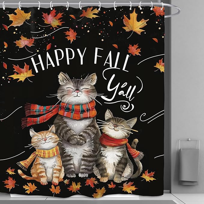 Funny Cat Autumn Shower Curtain 60Wx72L Inch Fall Maple Harvest Thanksgiving Animal Cute Bathroom Set Accessories Decor with 12 Pack Hooks