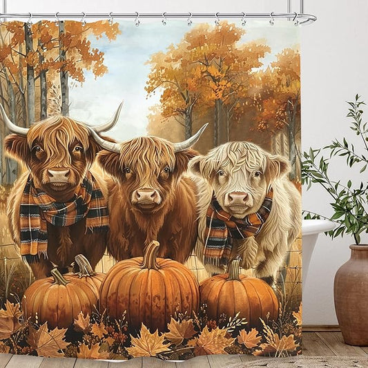 Autumn Highland Cow Shower Curtain 60Wx72L Inch Fall Bull Pumpkin Harvest Maple Orange Animal Thanksgiving Funny Seasonal Bathroom Set Accessories Decor with 12 Pack Hooks