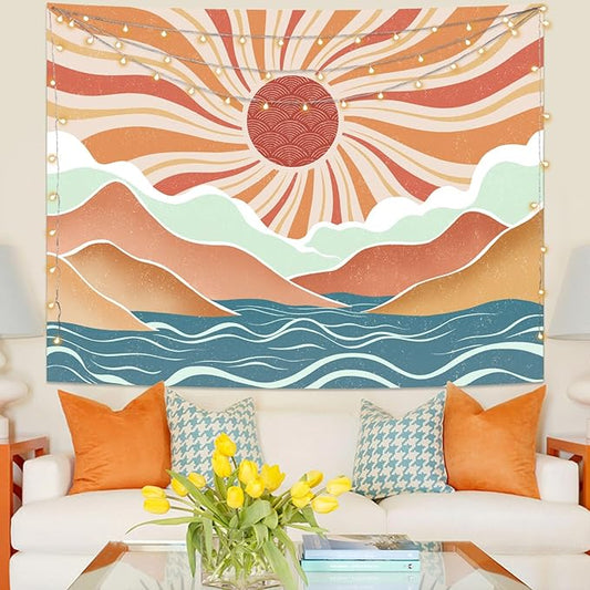 Lunerfex Boho Sun Tapestry Sunset Wall Tapestry, Mountain Tapestries for Bedroom 80s Tapestries Wall Hanging for Bedroom Living Room Wall Decor Boho-2 70"x90"