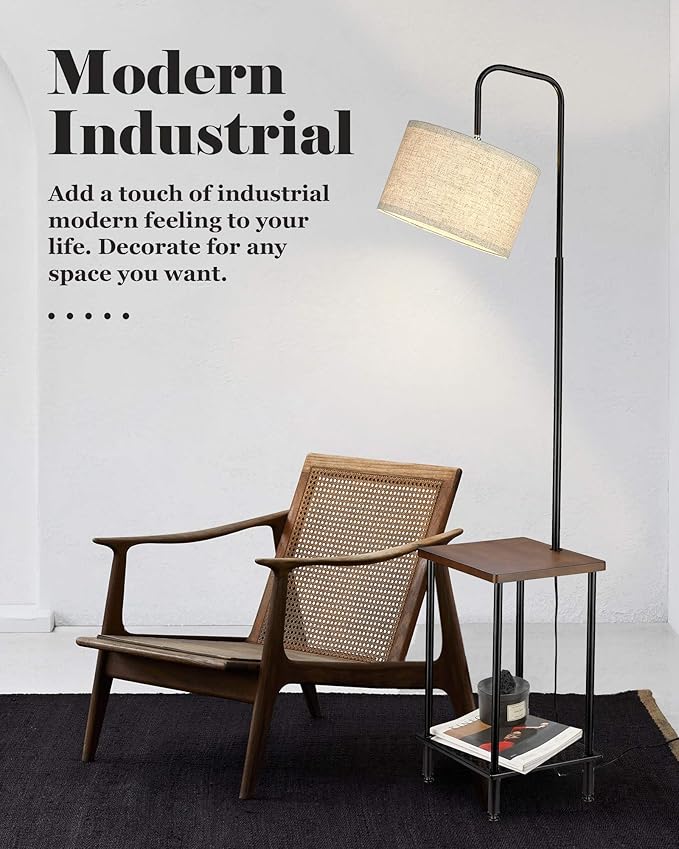 ELYONA Industrial Table Floor Lamp, Solid Wood End Table lamp with USB Type-C Charging Port & Power Outlet, Side Table Shelf Tall Pole Standing Light for Living Room,Bedroom,LED Bulb Included, Brown