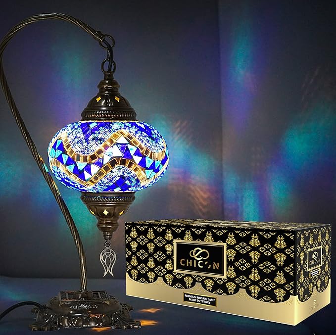 CHICON Handmade Mosaic Turkish Lamp | Genuine Glass Mosaic | A Piece of Art in Unique Lamps | Antique Vintage Lamp | Tiffany Boho Lamp | Moroccan Bohemian Small Table Lamp - SWAN Wave Blue