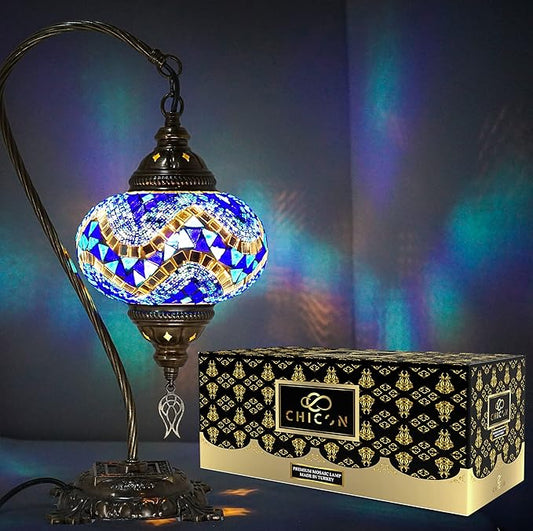 CHICON Handmade Mosaic Turkish Lamp | Genuine Glass Mosaic | A Piece of Art in Unique Lamps | Antique Vintage Lamp | Tiffany Boho Lamp | Moroccan Bohemian Small Table Lamp - SWAN Wave Blue
