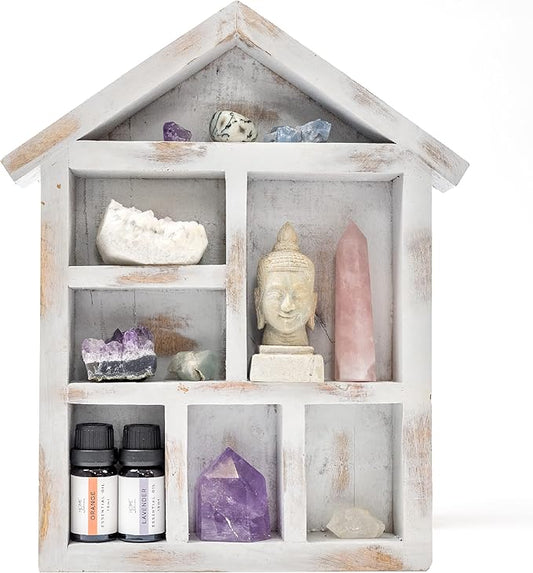 Artisan Crystal Shelf Display - Natural Wood Shelf for Crystals, Gems, Oils & More -Farmhouse Style or Kids Room Boho Mini-House Crystal Display Shelf for Energy, Mindfulness & Peace