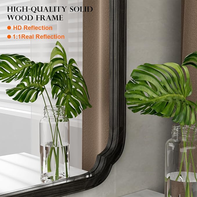 WallBeyond 20" x 30" Rounded Corner Arch Wall Mirror with Wood Frame for Entryway, Living Room or Bedroom Home Decor - Light Woodgrain [20" x 30" Black]