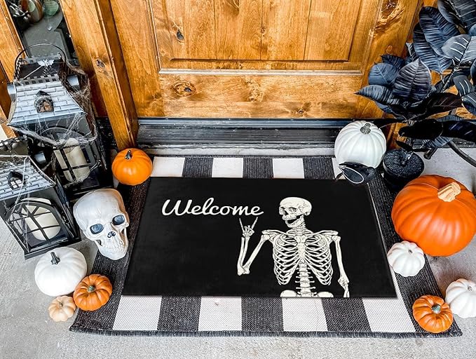 Funny Halloween Skull Doormat 17" x 29" Non-Slip Indoor Outdoor Skull Welcome Mat with Spooky Skull Design for Front Door, Porch, Kitchen, or Entryway Decor