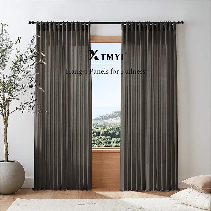 XTMYI Brown Linen Curtains Drapes for Living Room Bedroom 108 Inch Curtains Long 2 Panels Semi Sheer Window Treatments for Dining Room