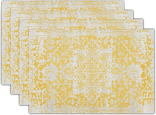 Gray Yellow Boho Placemats Set of 4 Ethnic Bohemian Carpet Place Mats Washable Kitchen Dining Vintage Grey Geography Floral Linen Table Mats Stain Heat-Resistant Cloth Tabel for Home Party 12x18 in