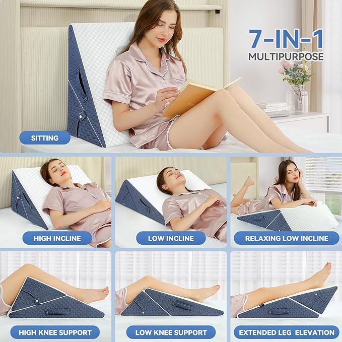 Bed Wedge Pillow for Sleep Apnea, 9 & 12 Inch Adjustable Wedge Pillow for Back Pain Relief, Leg and Knee Support, 7 in 1 Cooling-Gel Memory Foam Elevated Pillows for Acid Reflux, Post Surgery, Snoring