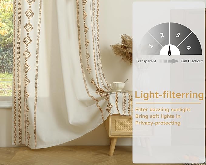 ColorBird Boho Curtains Embroidered Gold Vintage Light Filtering Rod Pockets Curtain 63 inch Length 2 Panels Set Drapes for Living Room Bedroom