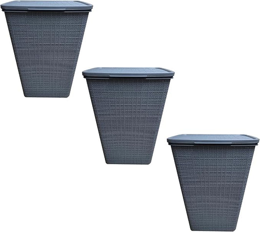 YBM Home Plastic Rattan Laundry Hamper Basket with Hinged Lid, Ventilation Holes, Durable, Lightweight Bin With Cutout Handles, Storage Dirty Clothes, Space Saver, 16.75" x 13.5" x 23.75", Grey,3-Pack
