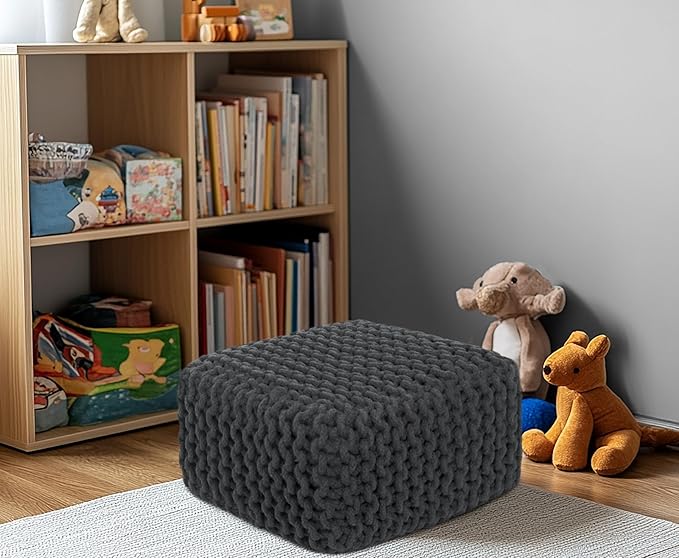 COTTON CRAFT Braided Footrest - Handknitted Cotton Cord Dori Foot Stool Ottoman - Low Floor Pouf - Lightweight Portable - Small Spaces Living Room Bedroom Entryway Under Desk - 14 x 8 Square - Grey