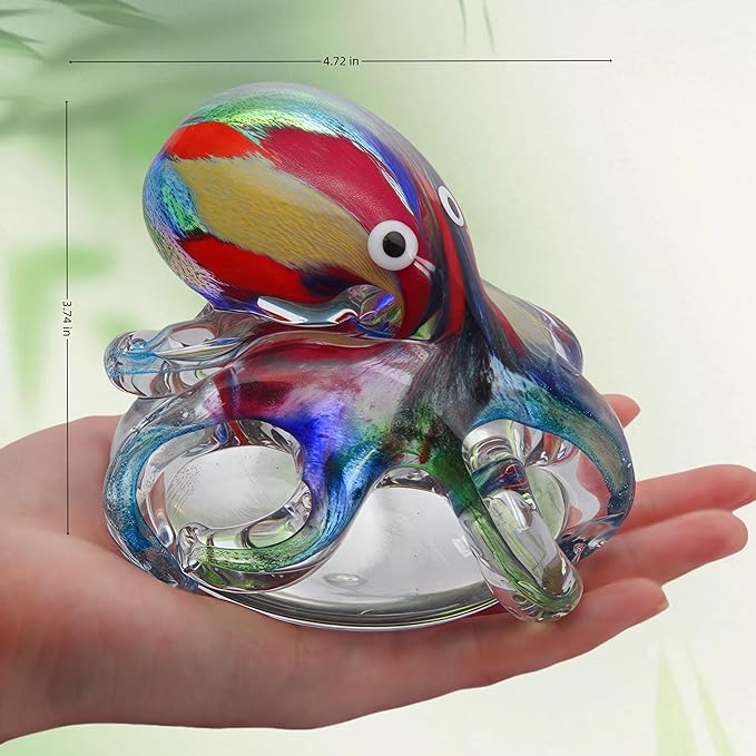 Hand Blown Glass Octopus Figurine with Iridescent Tentacles & Polished Crystal Base, Sea Life Figurines for Decorating Fish Tank Aquariums, Glass Paperweight (Multicolor)