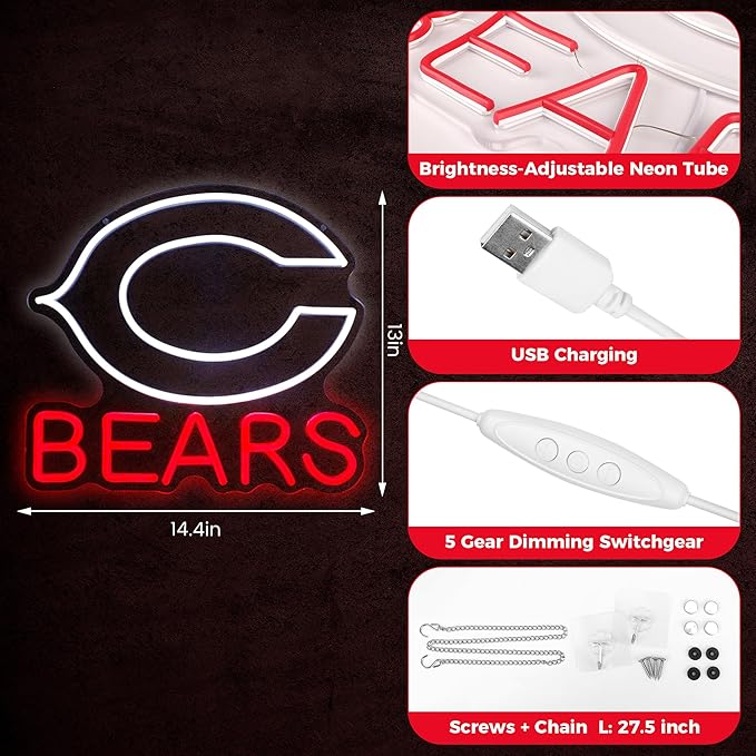 Football Team neon Sign, Cool Light Up Dimmable Football Team Logo Hanging Led Neon Sign for Wall Decor, Man Cave, Garage, Party, Bar, Game Room Deco, Birthday Gift for Football Fans (C-Bear)