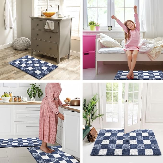 CozeCube Checkered Bath mats for Non Slip, Fluffy Absorbent Microfiber Bath mat Washable, Aesthetic Bathroom Rugs, Cute Bath mat for Shower Sink, Dark Blue, 24" x 16"