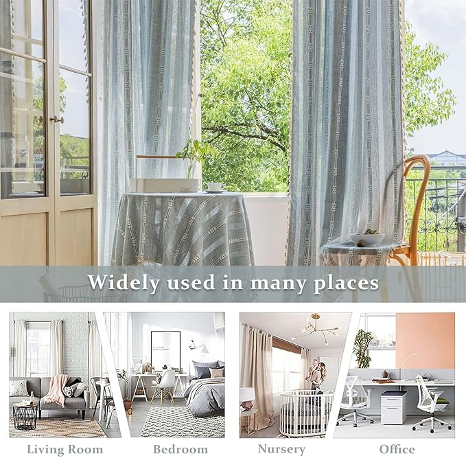 ColorBird Curtains for Bedroom, Grey Blue Linen Darkening Drapes 63 inch Length 2 Panels, Embroiderey Boho Farmhouse Room Divider Curtains for Living Room Dining Nursery Closet