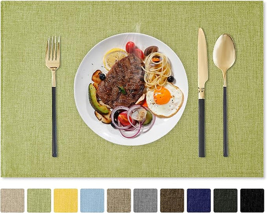 Romanstile Cloth Placemats Set of 6-12 x 18 Inch, Heat Resistant Double Layered Thickened Burlap Place Mats, Washable Faux Linen Farmhouse Table Mats for Kitchen/Dining/Party/Outdoor, Green