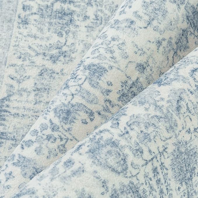 Blue Runner Rug 2x8 Hallway Machine Washable Kitchen Vintage Distressed Non Slip Long Carpet Indoor Retro Floral Bedroom Accent Throw Rug for Bathroom Office Laundry Dining Room