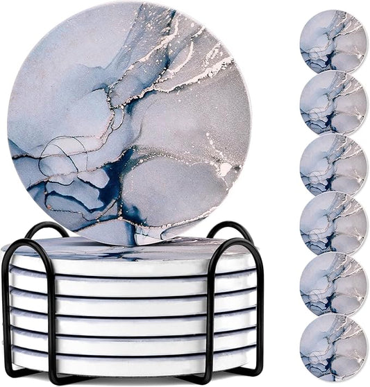 Round Coasters, Crystal Blue Ceramic Marble, 6 Pcs for Drinks, Non-Slip for Desk & Room Decor (4 Inches)