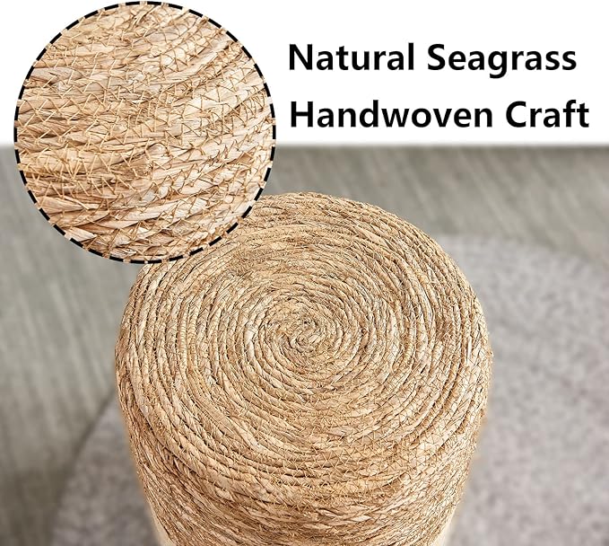 Cplxroc Pouf Ottoman, 100% Handwoven Seagrass Braided Pouffe, Boho Decor Floor Chair for Couch or Desk, Outdoor Ottomans for Garden, Round Footrest with Wood Frame, Home Decorative Seat for Balcony