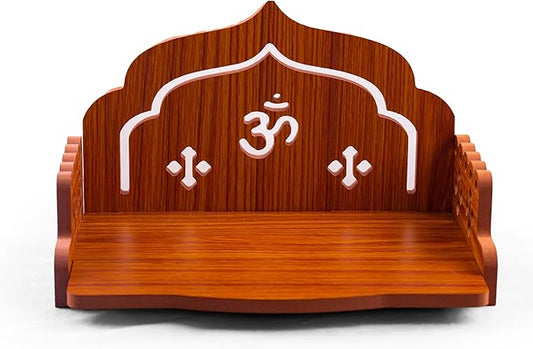 Wooden Small Temple Wall Mounted Hanging Table top Small Pooja Mandir God Stand Shelf for Home Office and Gifting (Size-22 cm x 15 cm x 15 cm) (Om)