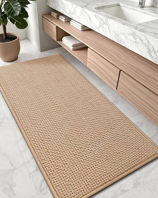 Color&Geometry Chenille Pile Long Bathroom Runner Rugs Upgraded Denser, 24"x47" Non Slip Absorbent Beige Bath Mats for Bathroom Thin Fit Under Door, Washable Quick Dry